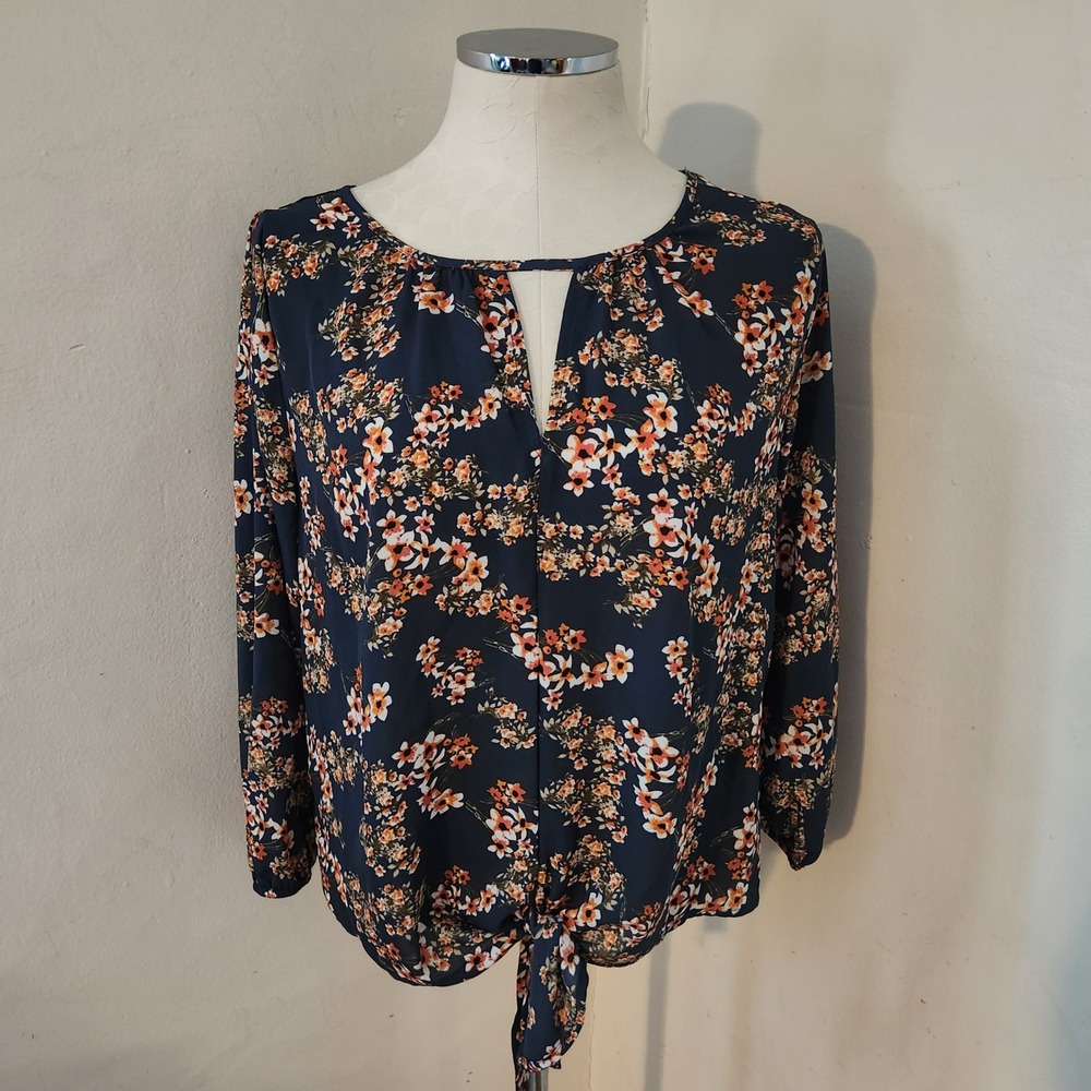 WEST‎ K Womens Navy Floral Print Keyhole Tie Front Long Sleeve Blouse Size S
